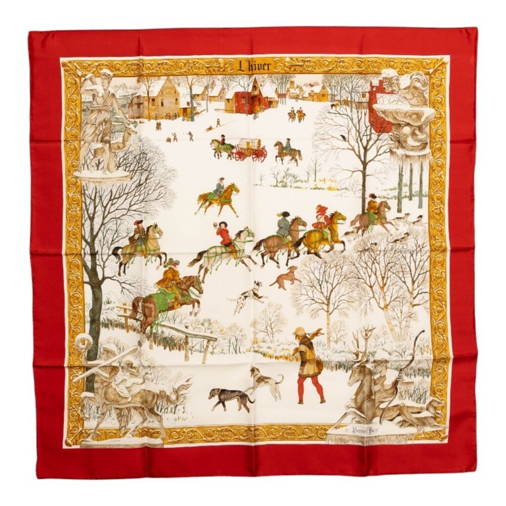 Hermes Carre 90 L'HIVER Winter Hunt Scarf Muffler Red White Multicolor Silk W...